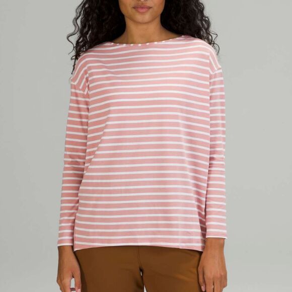 lululemon athletica Tops - Lululemon Back In Action Long Sleeve Shirt Yachtie Stripe Pink Pastel White Sz 4